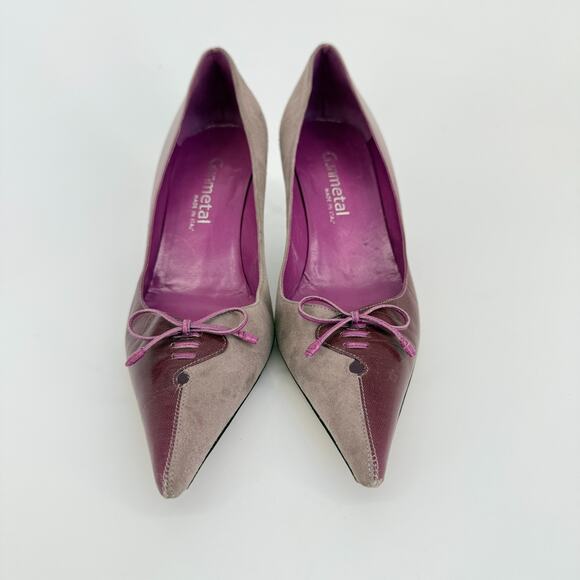 Y2K Gunmetal Italy Heels Size 6.5 EU 37 Pink Purple‎ Kitten Bow Pointed Toe - Picture 3 of 10